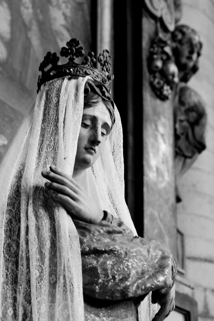 tilted shot of a virgin mary statue