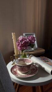elegant tea set with hydrangeas on table