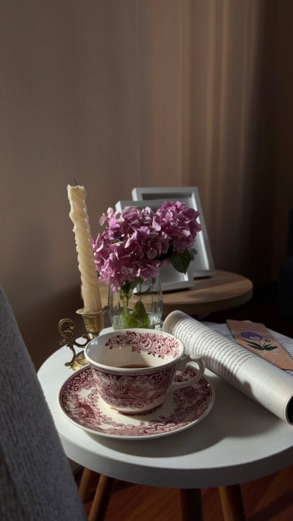 elegant tea set with hydrangeas on table