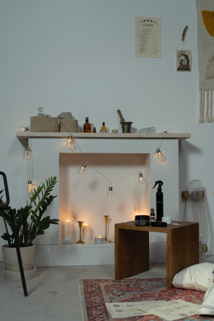 table near fireplace with light bulbs